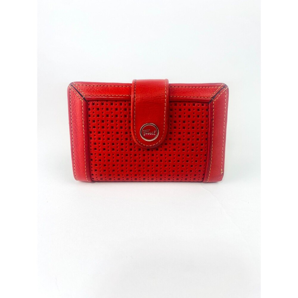 Vintage Fossil Y2K Red Perforated Leather Snap Closure Bi-fold Card Wallet